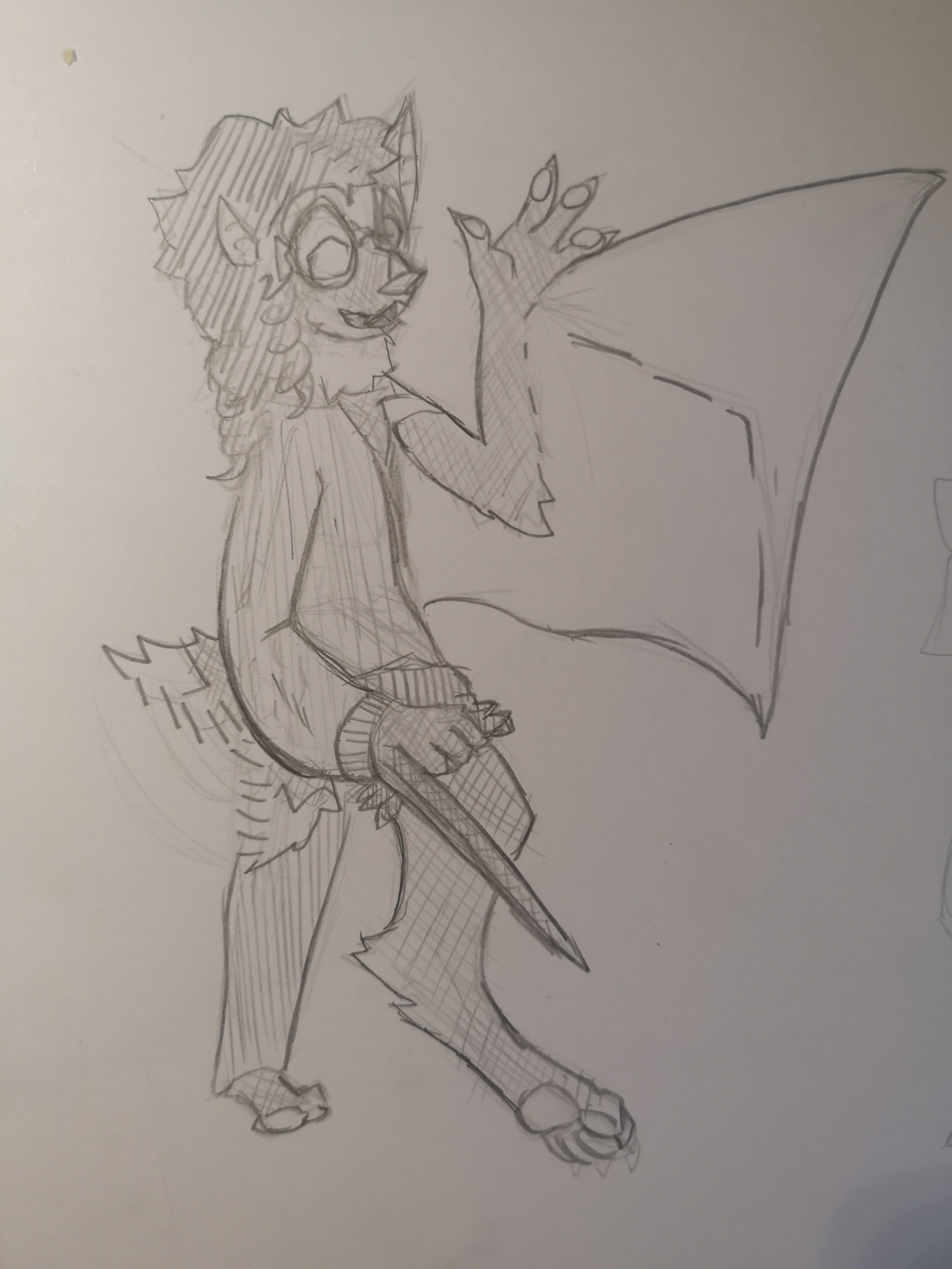 sketch of a fullbody of myself, most of the way to being transformed into my batsona! i show off my wing and pull up a pants sleeve to reveal my new digitigrade leg. i couldn't get my arm out of the other sleeve in time though!